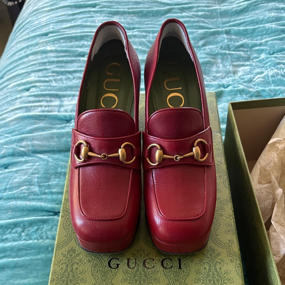 Gucci Women's Burgundy Loafers with Gold Accents